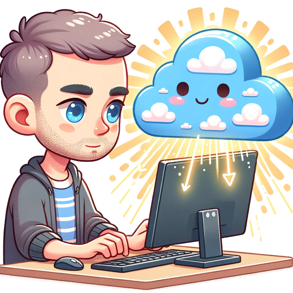 Cartoon person at a desktop computer beside a smiling blue cloud.